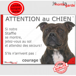 Staffie bringé, plaque humour "Jetez Vous au Sol, Attention au Chien" 24 cm JET