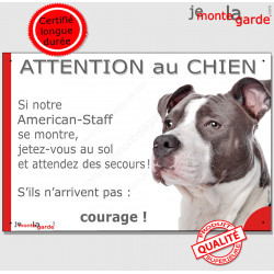 Amstaff Bleu Tête, plaque humour "Attention au Chien, jetez-vous au sol, attendez secours, courage" pancarte Staff photo Panneau
