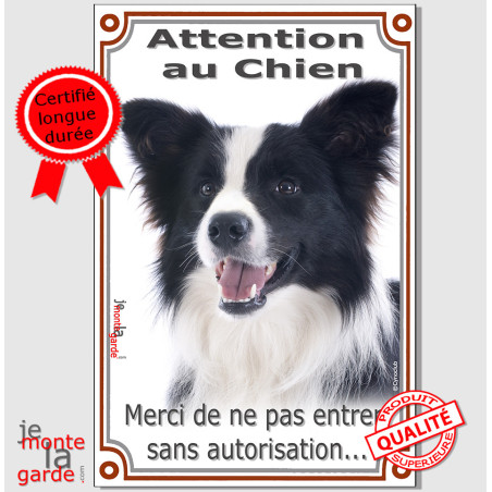 Border Collie noir et blanc poil long, plaque portail verticale "Attention au Chien, merci de ne pas entrer sans autorisation" p