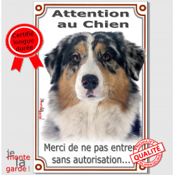 Berger Australien Bleu Merle tête, Plaque "Attention au Chien, interdit sans autorisation" panneau, verticale pancarte Aussie