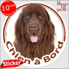 Terre Neuve marron chocolat bronze, Sticker autocollant rond "Chien à Bord" Disque vitre voiture photo, résiste extérieur