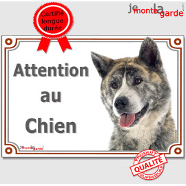 Akita Inu Japonais bringé sésame gris argent, plaque portail photo "Attention au Chien" résiste intempéries