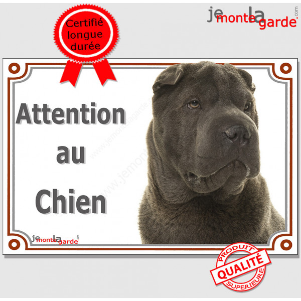Shar-Peï marron chocolat, plaque portail "Attention au Chien" pancarte panneau photo Sharpei brun