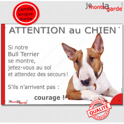 Bull Terrier fauve et blanc, plaque portail humour "Attention au Chien, Jetez Vous au Sol, secours, courage" photo drôle