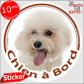 Bichon Frisé Tête, sticker autocollant rond "Chien à Bord" Disque photo adhésif chien vitre auto voiture, résiste pluie soleil g