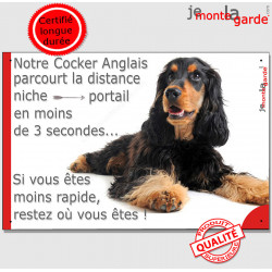 Cocker Anglais Noir et Feu couché, Plaque humour Portail "distance niche-portail 3 secondes" pancarte photo attention au chien