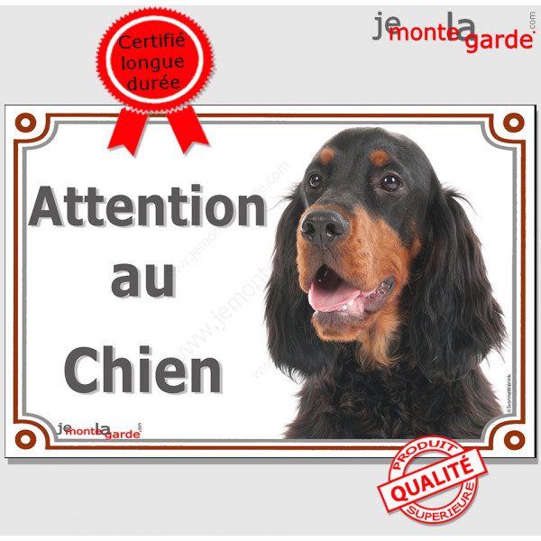 Setter Gordon noir et feu, plaque portail "Attention au Chien" pancarte panneau photo