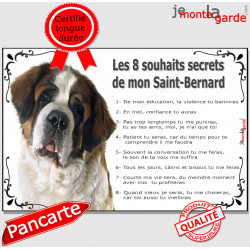 Saint-Bernard Tête, Plaque Portail "Les 8 Souhaits Secrets" pancarte, affiche panneau, commandements éducation photo St-Bernard 