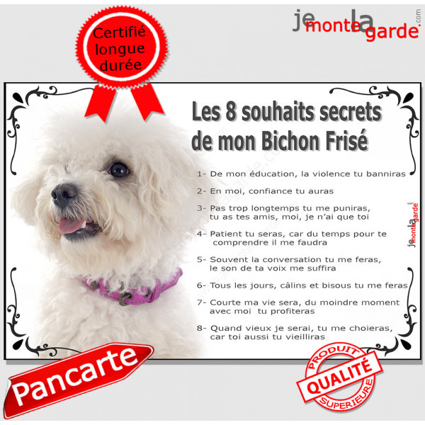 Bichon Frisé Tête, Plaque Portail "Les 8 Souhaits Secrets" pancarte, affiche panneau, commandements éducation photo