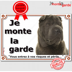 Shar-Peï marron chocolat, plaque portail "Je Monte la Garde, risques périls" bringué marron pancarte panneau photo Sharpei brun