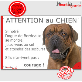 Dogue de Bordeaux fauve acajou à masque face noir tête, plaque portail humour "Jetez Vous au Sol, Attention au Chien" photo rési