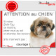 Shih-Tzu fauve, plaque portail humour "Attention au Chien, Jetez Vous au Sol, attendez secours, courage" photo pancarte