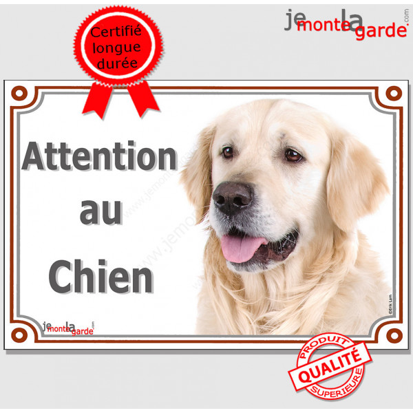 Golden Retriever tête, plaque portail "Attention au Chien" pancarte photo entrée, panneau rue race porte