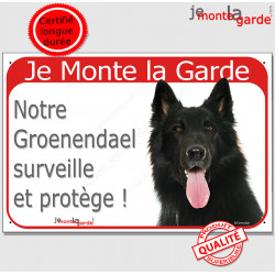 Berger Belge Groenendael tête, plaque portail rouge "Je Monte la Garde, surveille et protège" pancarte panneau photo