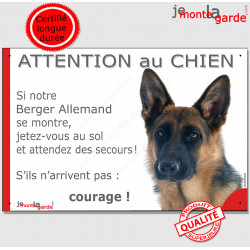 Berger Allemand poils courts, plaque portail "Attention au Chien, jetez-vous au sol et attendez secours !" photo marrant drôle