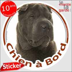 Shar-Peï chocolat marron, sticker autocollant rond "Chien à Bord" Disque adhésif vitre voiture photo Sharpei