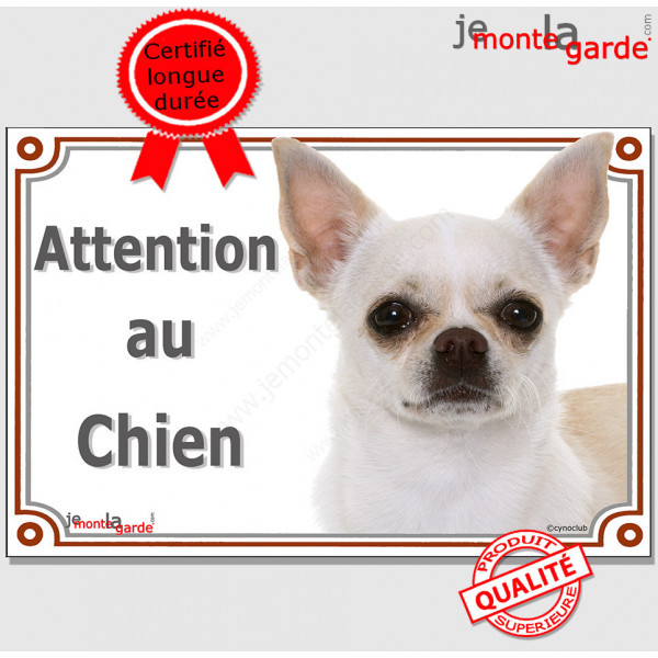 Chihuahua blanc à poils courts Tête, plaque portail "Attention au Chien" pancarte panneau beige photo