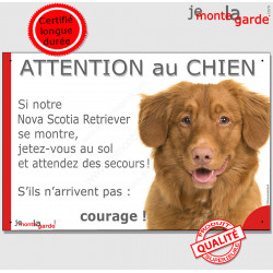 Nova Scotia Retriever, plaque portail humour "Attention au Chien, Jetez Vous au Sol, courage" pancarte photo drôle panneau