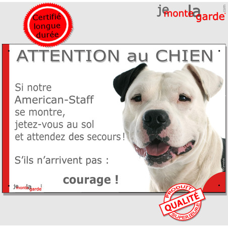 Plaque portail humour Amstaff blanc et noir tête "Attention au Chien, Jetez Vous au Sol" american Stafford terrier