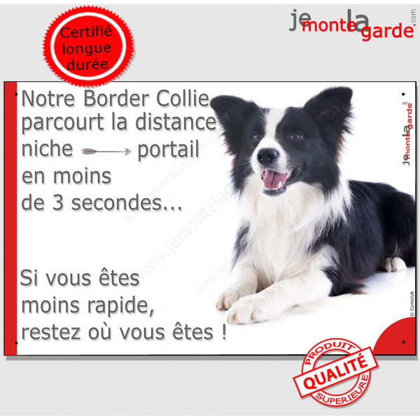 Border Collie couché, Plaque humour "parcourt distance niche portail moins 3 secondes" pancarte photo panneau marrant drôle