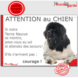 Terre Neuve noir et blanc couché, plaque humour "Attention au Chien, Jetez Vous au Sol, attendez des secours courage" photo, rés