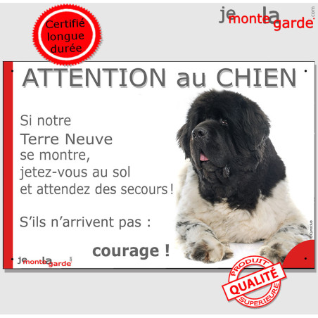 Terre Neuve noir et blanc couché, plaque humour "Attention au Chien, Jetez Vous au Sol, attendez des secours courage" photo, rés