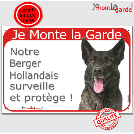Berger Hollandais bringé poils courts, plaque portail rouge "Je Monte la Garde, surveille et protège" photo, résiste pluie solei