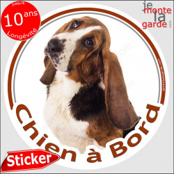 Basset Hund Tête, sticker autocollant rond "Chien à Bord" Disque photo adhésif vitre voiture hound photo race