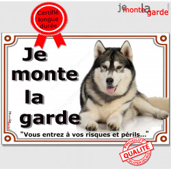 Alaskan Malamute, plaque portail "Je Monte la Garde, risques périls" panneau affiche pancarte photo