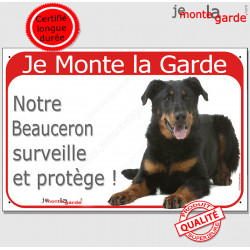 Beauceron Couché, Plaque Portail rouge "Je Monte la Garde, surveille protège" pancarte, affiche panneau Berger de Beauce