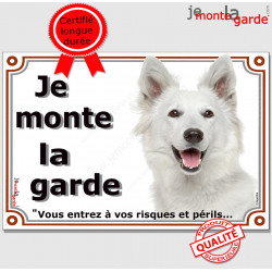 Berger Blanc Suisse Tête, Plaque portail "Je Monte la Garde, risques périls" panneau affiche pancarte attention au chien photo