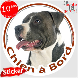 Amstaff noir et blanc Tête, sticker rond "Chien à Bord" Disque autocollant American staffordshire terrier, résiste pluie soleil 