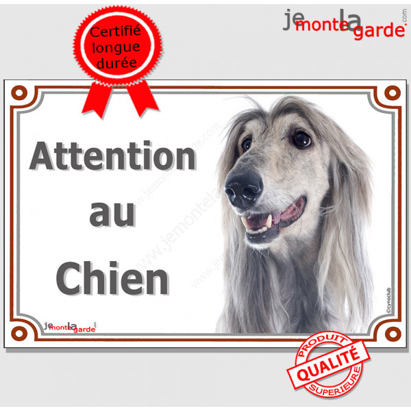 Lévrier Afghan gris bleu, plaque portail "Attention au Chien" pancarte panneau photo