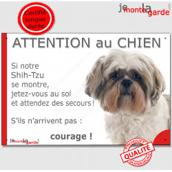 Shih-Tzu fauve, plaque portail humour "Attention au Chien, Jetez Vous au Sol, attendez secours, courage" photo pancarte