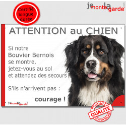 Bouvier Bernois, Panneau "Attention au Chien, montre, jetez-vous sol attendez secours" plaque humour photo marrant drôle