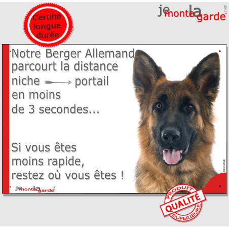 BA à poils long, plaque humour "notre Berger Allemand parcourt la distance Niche-Portail en moins de 3 secondes" 2 Tailles D
