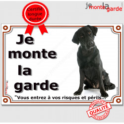 Labrador Noir assis, plaque portail "Je Monte la Garde, risques et périls" pancarte panneau photo