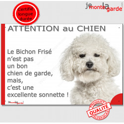 plaque portail humour "Attention au Chien, notre Bichon Frisé garde est une sonnette" pancarte photo