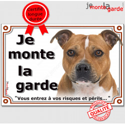 Staffie Fauve Tête, plaque portail "Je Monte la Garde, risques périls" panneau affiche pancarte, staffy attention au chien photo