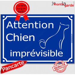 Plaque Portail bleue humour "Chien Imprévisible" 3 tailles FUN C