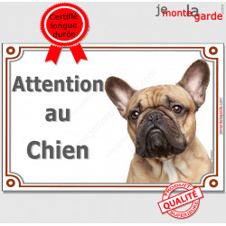 Bouledogue Français Fauve Tête, plaque portail "Attention au Chien" panneau photo affiche pancarte, beige sable