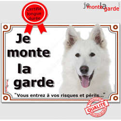 Berger Blanc Suisse Tête, plaque portail "Je Monte la Garde, risques et périls" pancarte panneau attention au chien photo