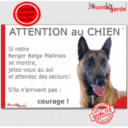 Berger Belge Malinois Tête, Panneau humour "Attention au Chien, jetez-vous au sol, attendez du secours !" photo drôle plaque 