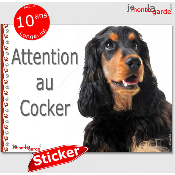 Cocker Anglais Spaniel noir et feu, panneau autocollant "Attention au Chien" Pancarte photo sticker adhésif 