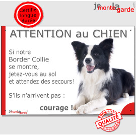 Border Collie noir et blanc poils longs couché, plaque portail humour "Attention au Chien, Jetez Vous au Sol" photo résiste plui