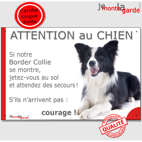 Border Collie noir et blanc poils longs couché, plaque portail humour "Attention au Chien, Jetez Vous au Sol" photo résiste plui