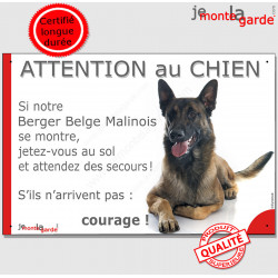 Plaque portail humour Attention au chien Jetez Vous au Sol, Berger Belge Malinois couché pancarte panneau drôle