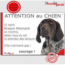 Braque Allemand marron foie, plaque "Attention au Chien, Jetez Vous au Sol" pancarte panneau drôle marrant photo