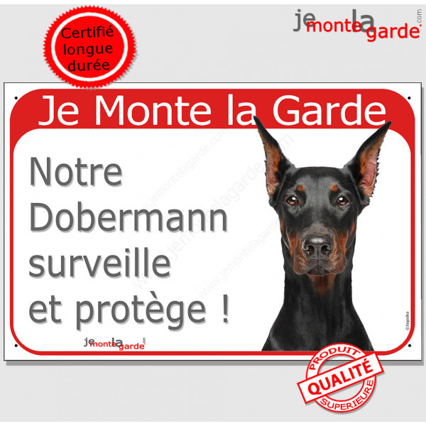 Doberman noir et feu, Plaque rouge Portail "Je Monte la Garde, surveille protège" pancarte, photo fluo oreilles taillées coupées