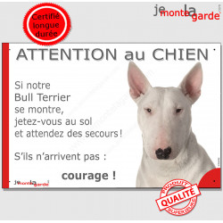 Bull Terrier entièrement blanc, plaque portail humour "Attention au Chien, Jetez Vous au Sol, secours, courage" photo drôle